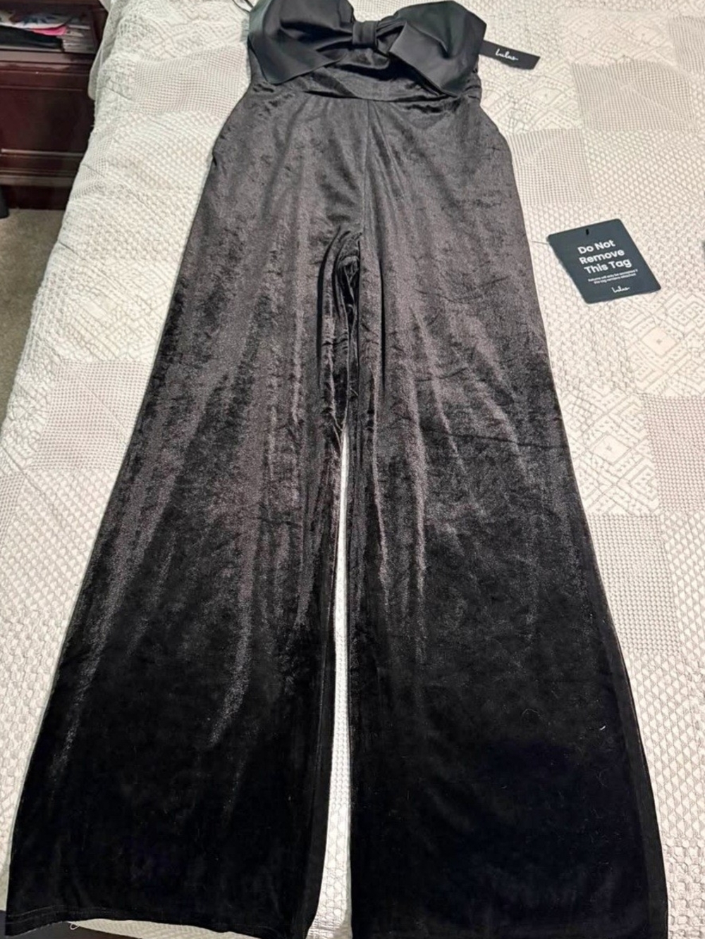 Lulu's Black Velvet Wide-Leg Jumpsuit with Bow Detail